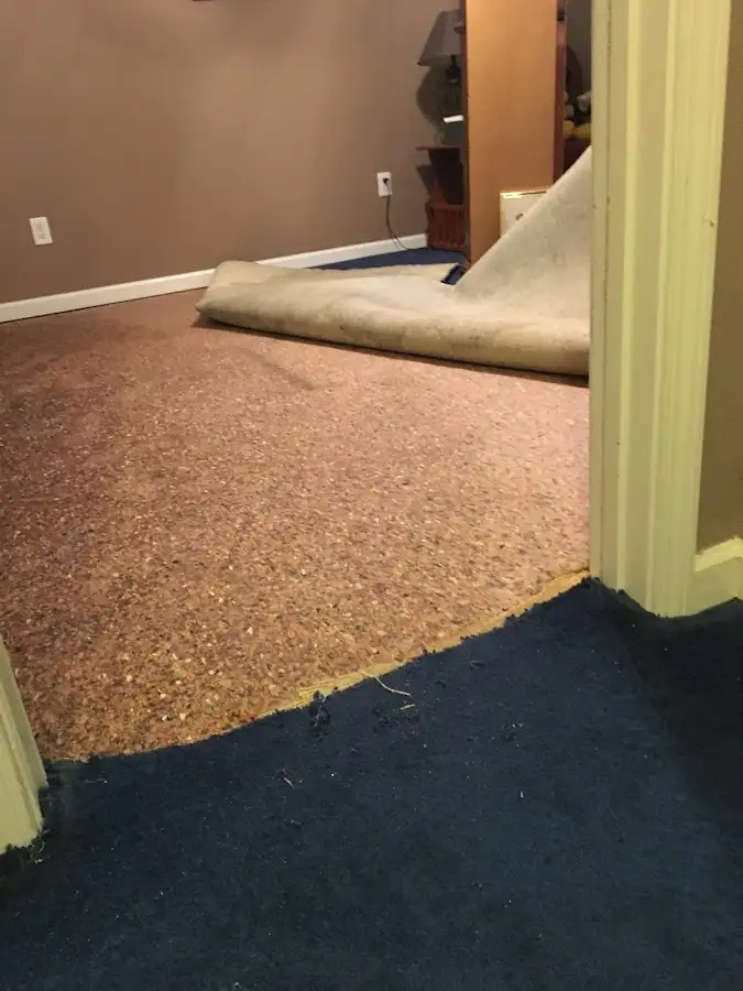 Carpet pad removal revealing water damage during Drying & Dehumidification in San Diego Country Estates